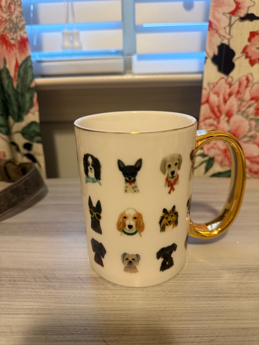 Rifle Paper Co. White Mug with Gold Handle and Multicolor Dog Illustrations